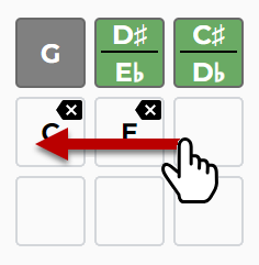 Screenshot of chordle illustrating the behaviour when you swipe left to clear a row.