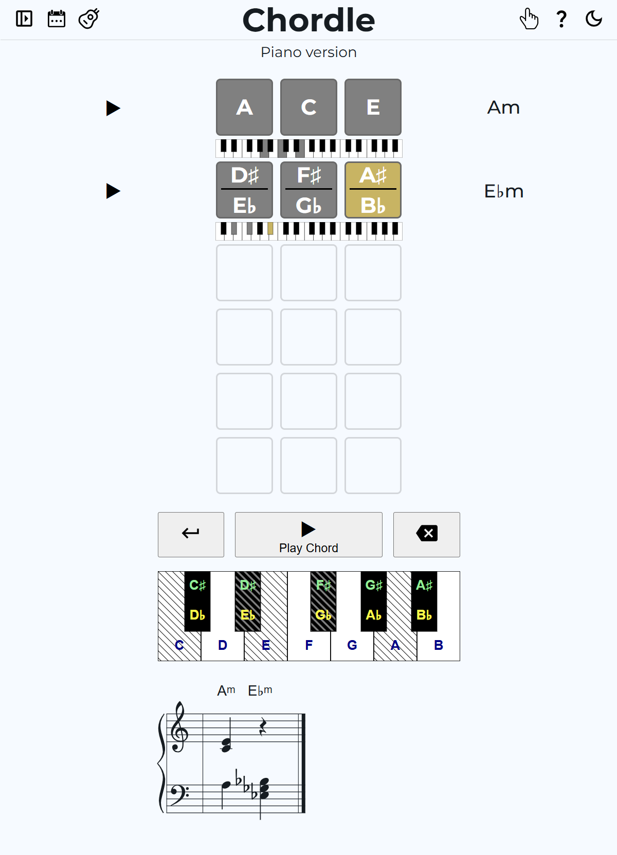 Screenshot of 3-note chordle game in the piano version after two guesses