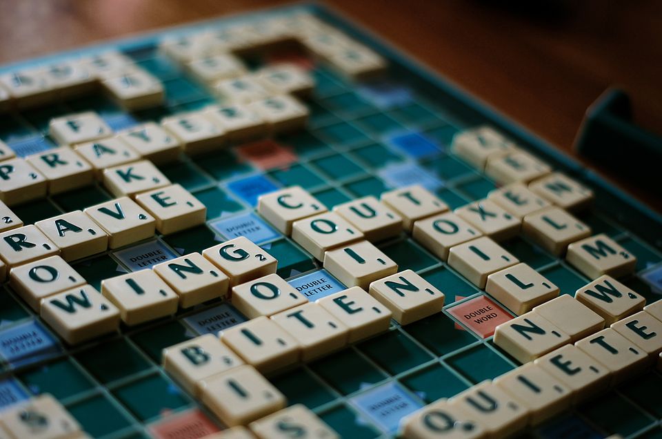 Image of an English language Scrabble game in progress