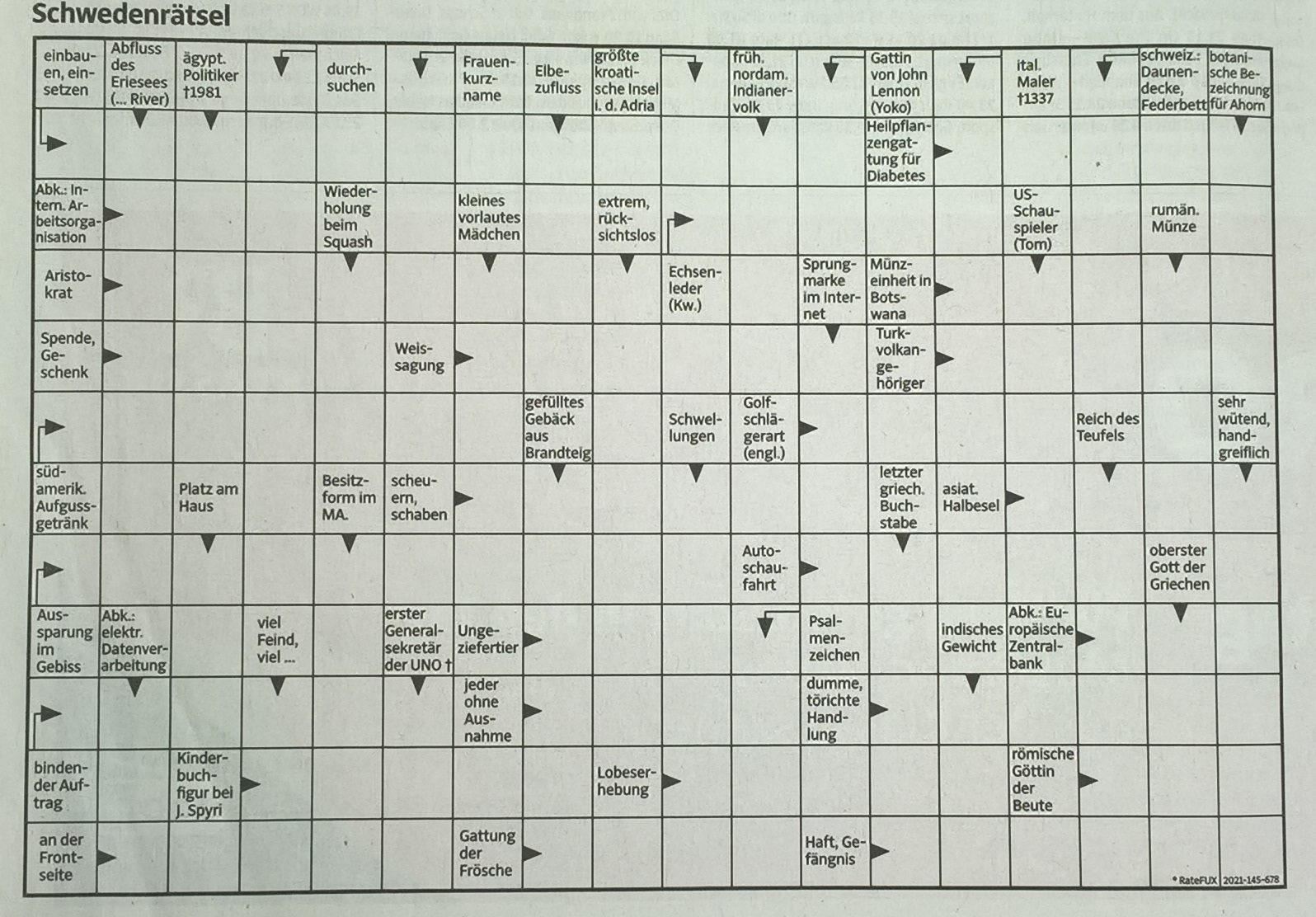 Image of a German arrowhead style crossword puzzle