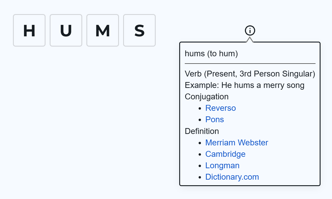 Info symbol with pop-up window for a verb form