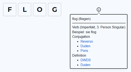 Infosymbol mit Popup-Fenster für eine Verbform